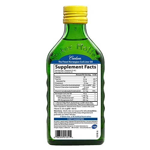 Carlson Labs Norwegian Cod Liver Oil, 1100mg Natural Lemon, 250 ml (Pack of 1)