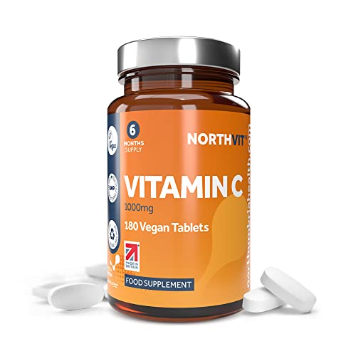 Northumbria Health Vitamin C 1000mg Tablets, High Strength Ascorbic Acid, Antioxidant Immune System Booster, Vegan Food Supplements, Made in The UK, 180 Tablet Count