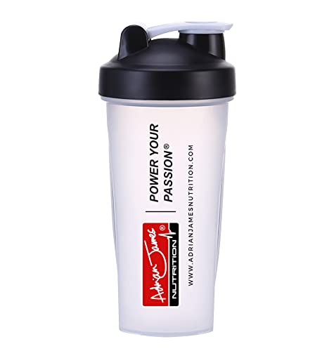 Adrian James Nutrition - Protein Shaker Bottle with Mixer Ball, Leak-Proof Screw-On Lid and Secure Drinking Flip Cap, 100% BPA Free, 600 ml