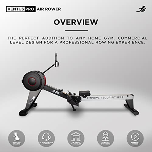 JLL® Ventus Pro Air Rower, Commercial Level Home Air Rowing Machine, Suitable For Home Use, 10 Levels of Air Resistance, Heavy Duty Folding Rower, 150KG User Weight, 11 Readout LCD Monitor - Gym Store