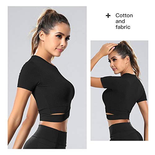 SotRong Womens Cross Bandage Workout Crop Tops Gym Yoga Tops Cute Athletic Crossover Shirts Activewear Short Sleeve Black S