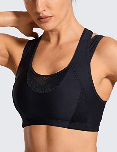 SYROKAN Women's High Impact Support Wirefree Workout Racerback Sports Bra Top Black L