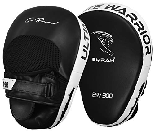EMRAH Boxing Pads Focus Mitts Pro Grip Hide Leather Curved Hand Pads with Adjustable Strap, Hook and Jab Hand Strike Shield Punching Target, Muay Thai Training (Black/White)