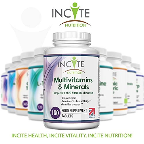 Multivitamins and Minerals | 180 Vegan Tablets | 26 Key Vitamins and Minerals for Women and Men | 6 Months Supply | Multivitamin Supplements 1 a Day Serving | Made in The UK by Incite Nutrition®