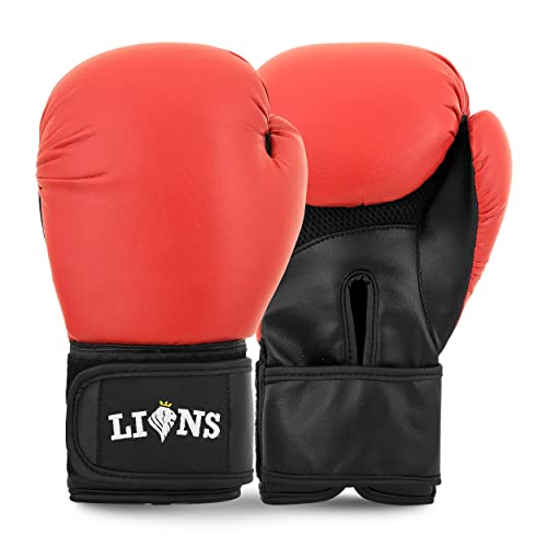 Lions Kids Curved Focus Pads and Gloves Set Hook and Jabs Junior Punch Bag Mitts Boxing MMA Kick Training (Red Stone, 10oz)