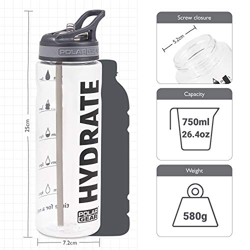 Polar Gear Water Tracker Bottle – Measure Hydration & Set Drinking Goals At Home Or On The Go – Leakproof, BPA Free & Dishwasher Safe – With Straw – For the Gym/Car & Outdoors – Black, 750ml - Gym Store | Gym Equipment | Home Gym Equipment | Gym Clothing