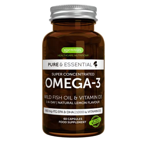 Omega-3 Wild Fish Oil & Vitamin D3 1000IU, 1-a-Day, Highly Concentrated EPA & DHA, Fast-Acting rTG, Natural Lemon Flavour, 60 Softgels, by Igennus