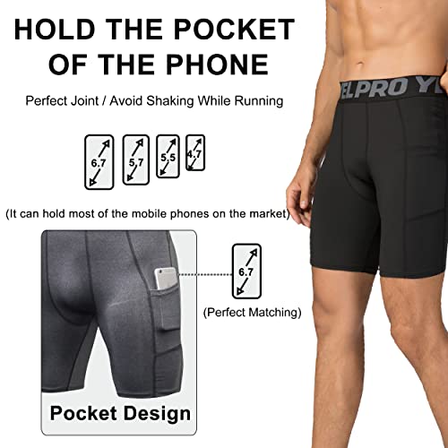 YUSHOW Compression Shorts Mens 3 Pack Sports Anti-Chafing Underwear Base Layer Shorts Quick Dry Running Shorts with Phone Pockets Cycling Tights for Workout Athletic Rugby Short Protect Leg Skin