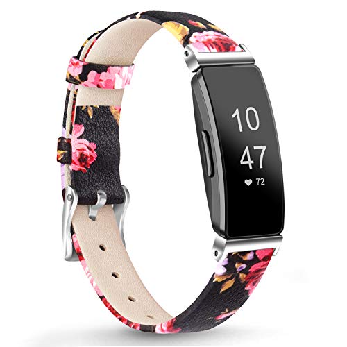 Vancle Replacement Strap for Fitbit Inspire HR Strap, Genuine Leather Replacement bands Compatible with Fitbit Inspire/Inspire HR, Women Men (Pink flower)