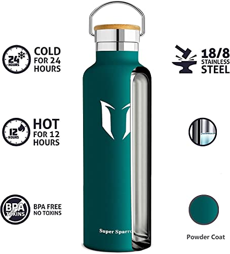 Super Sparrow Water Bottle Double Wall Vacuum Insulated Stainless Steel - 1000ml - Standard Mouth - Leak Proof Sports Bottle - Non-Toxic BPA Free - 2 Lids + Bottle Pouch