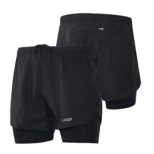 Lixada Mens 2-in-1 Running Shorts Quick Drying Breathable Active Training Exercise Jogging Cycling Shorts with Longer Liner (Black, L)