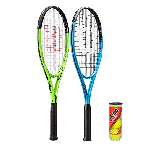 2 x Wilson XL Tennis Rackets (Blue & Green) & 3 Tennis Balls