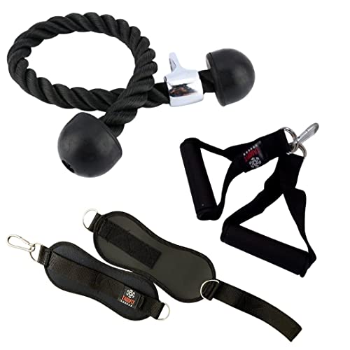 XAGOFIT Cable attachments for gym suitable for arm and leg strength training - Ankle Straps Cable Machine Stirrup Handles and Tricep Ropes with two SNAP Hoop Carabiner Black Colour