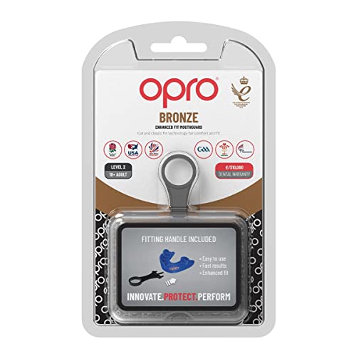 New OPRO Bronze Level Adult and Youth Sports Mouthguard with Case and Fitting Device, Gum Shield for Hockey, Lacrosse, Rugby, MMA, Boxing and Other Contact and Combat Sports (Blue, Adult)