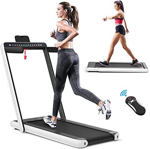 COSTWAY 2 in 1 Under Desk Treadmill, 2.25HP Folding Walking Running Machine with Dual LED Displays, Bluetooth Speaker & Remote Control, Electric Motorized Treadmills for Home Office (White)