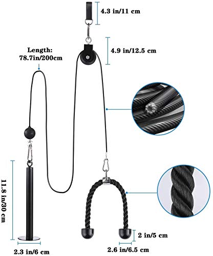 CELLTEK Cable Pulley System, LAT Pull Down Pulley System Gym Fitness DIY Loading Pin Weight Lifting Triceps Rope Workout Adjustable Length Pulley Cable Attachments for Home Gym