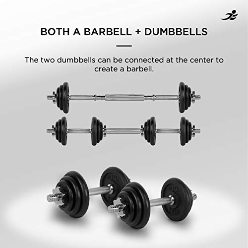 JLL 20kg Cast Iron Dumbbell & Barbell Set 2021, 4x 0.5kg, 4x 1.25kg and 4x 2.5kg weight plates, 4x spin-lock collars, steel connecting bar, hammer tone look, resilient and long lasting training equipment