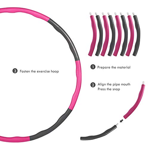 Fitness Hoop,Weighted Hula Hoops for Fitness with Free 3M Skipping Ropes Folding 1 kg (2.2lbs) Adjustable Width 48-88cm (26.8-34.6in) Gift for Youth Adults Ladies Lose Weight (Pink 3PCS, one size)