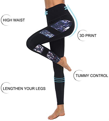 JOYSPELS Women's High Waisted Gym Leggings - Workout Running Sports Black Printed Leggings Yoga Pants Womens with Pockets - Black - L