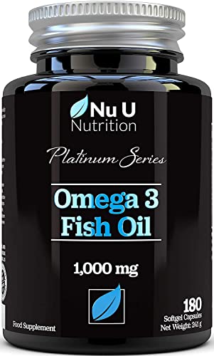 Omega 3 Fish Oil 1000mg Double Strength EPA & DHA Softgel Capsules, 180 (6 Month Supply) Premium Fish Oil Capsules 1000mg , Made in The UK