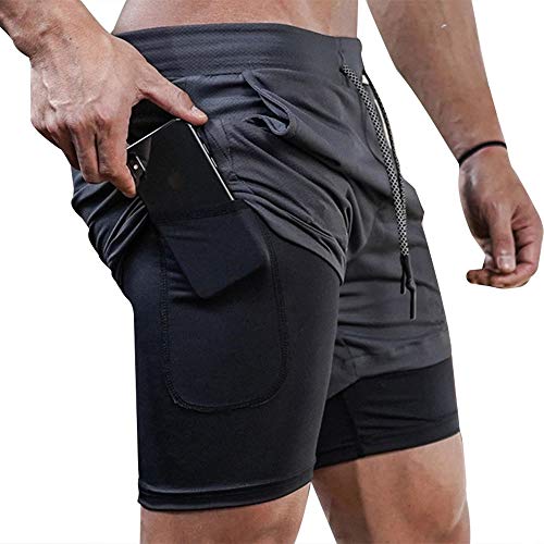 Superora Mens Running Gym 2 in 1 Sports Shorts Breathable Outdoor Workout Training Shorts with Pockets EU L Grey