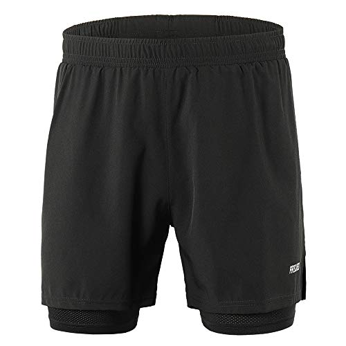 Lixada 2-in-1 Men's Running Shorts Quick Drying Breathable Active Training Exercise Jogging Work-Out Shorts with Back Pocket Longer Liner & Reflective Elements (Black, M)