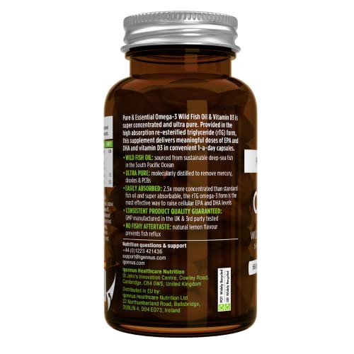 Omega-3 Wild Fish Oil & Vitamin D3 1000IU, 1-a-Day, Highly Concentrated EPA & DHA, Fast-Acting rTG, Natural Lemon Flavour, 60 Softgels, by Igennus