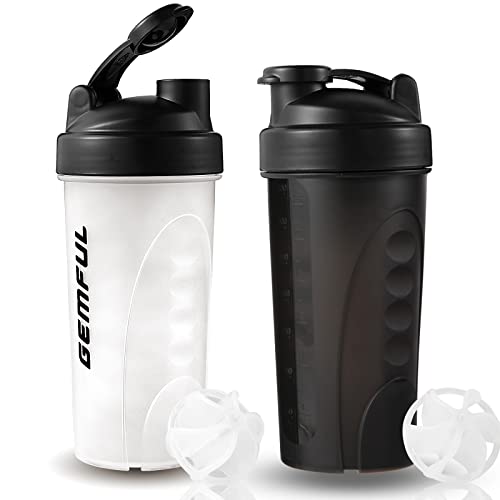 GEMFUL Shaker Bottle for Protein Mixes BPA-Free Leak Proof Smothies Mixer Water Cups 2 Pack