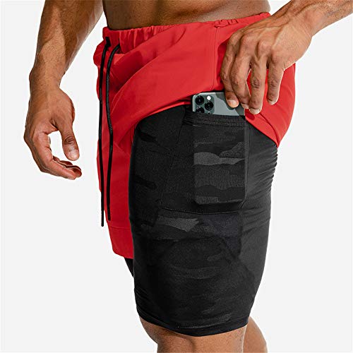 Fansu Men's Sport Shorts 2 in 1 Gym Shorts, Summer Tight Liner Double Layer with Pockets Quick Dry Breathable Jogging Bodybuilding Training Exercise Running Pants (red,L) - Gym Store | Gym Equipment | Home Gym Equipment | Gym Clothing