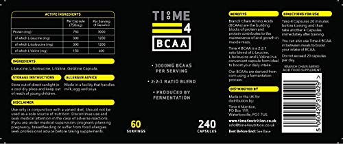 Time 4 BCAA - 240 Capsules High Strength Branch Chain Amino Acids Made By Fermentation Process for Muscle Growth, Tissue Repairing, & Energy Production Vegan BCAA Capsules Not BCAA Amino Acids Tablets