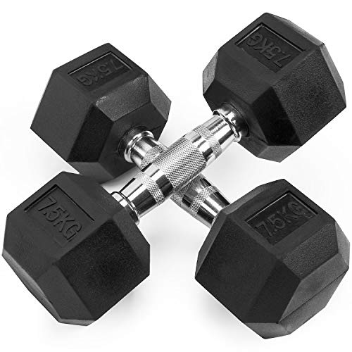 Grandma Dumbbells Set of 2, Hex Dumbbells Pair, Black Rubber Hex Dumbbell, Household Rubberized Dumbells Set (Black 2×7.5kg)