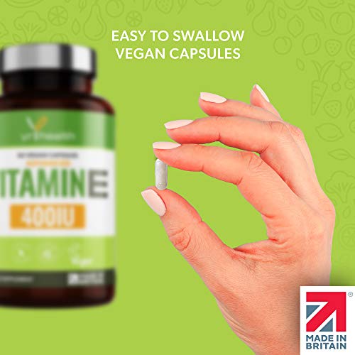 Vitamin E Capsules 400iu - High Strength Natural Vitamin E Supplement, D-Alpha Tocopherol - Protects Cells from Oxidative Stress - 90 Vegan Capsules not Tablets - Made in The UK by YrHealth