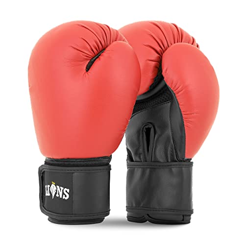 Lions Kids Curved Focus Pads and Gloves Set Hook and Jabs Junior Punch Bag Mitts Boxing MMA Kick Training (Red Stone, 10oz)