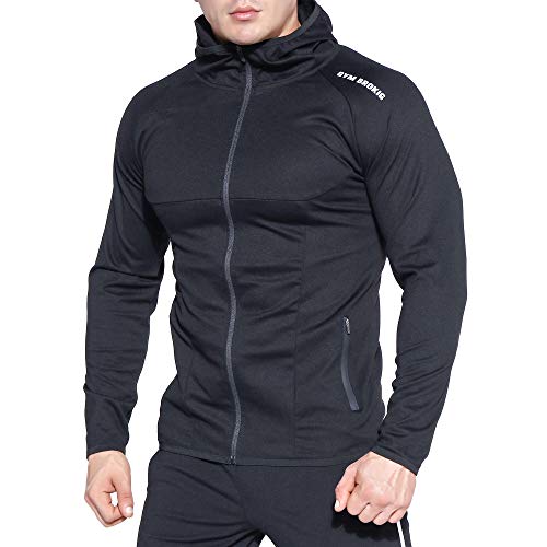 BROKIG Mens Gym Zip Hoodie Running Fitness Hooded Sweatshirt Zipper Pockets (L, Black)