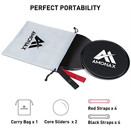 Amonax Core Sliders, Double Sided Gliding Discs with Straps. Ab Gliders for Core Exercise Fitness at Gym & Home, Dual Side Slider Strength Glider Pairs for Carpet, Wood, Tiled Floor