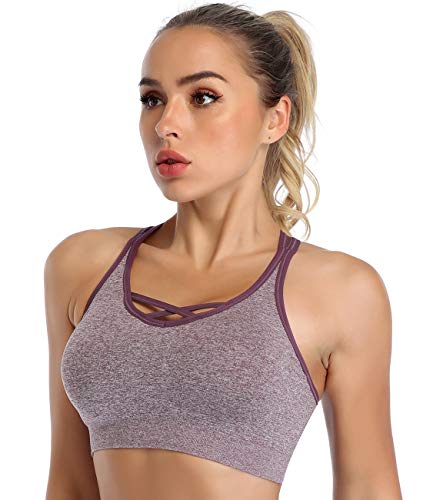 ANGOOL Padded Sports Bra Wirefree Mid Impact Yoga Bras Unique Cross Back Strappy for Gym Yoga Purple