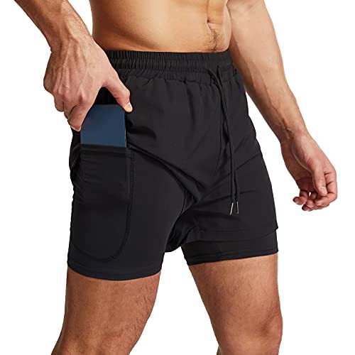 Danfiki Running Shorts Men with Phone Pocket 2 in 1 Gym Training Shorts Lightweight Quick Drying Black