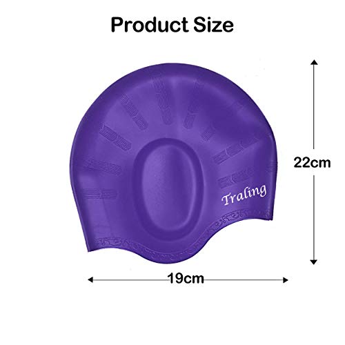 Traling Silicone Swimming Cap Adult, Waterproof Swim Hat for Men and Women Ladies Short Hair, With Anti-Tear Ergonomic Design Ear Pocket, Free Nose Clip and Ear Plugs (Purple)