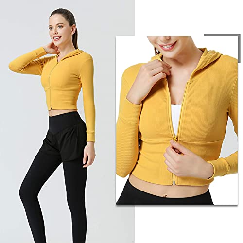 FEOYA Women's Sport Jacket Slim Fit Sportswear Long Sleeve Seamless Top Full Zip Running Fitness Workout Activewear Yellow - Size XL