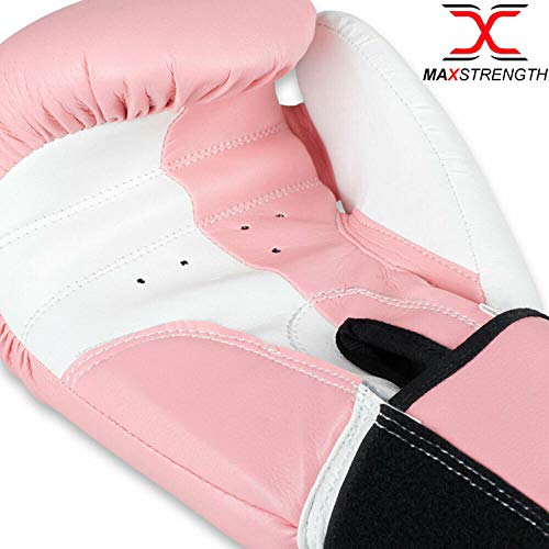 MAXSTRENGTH Muay Thai Rex Leather Pink White 6oz boxing gloves