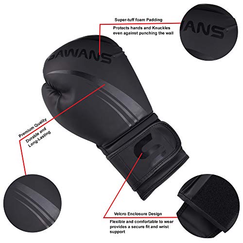 SAWANS® Leather Boxing Gloves Professional MMA Sparring Kickboxing Punch Bag Training Muay Thai Fighting (Matte Black, 10 OZ)