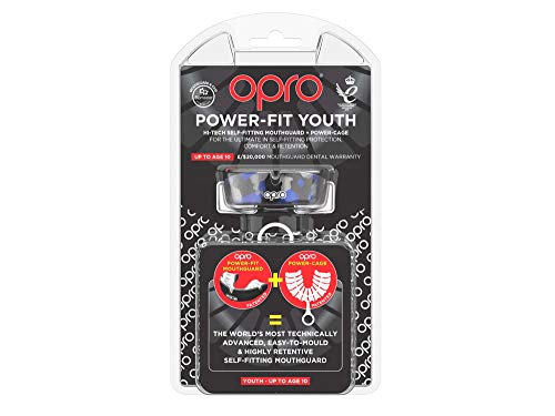 Opro Power-Fit Youth Mouthguard | Gum Shields For Rugby, Hockey, GAA, BJJ, Boxing, and Other Combat Sports - 18 Month Extended Dental Warranty (Youth, Camo - Black/Blue)