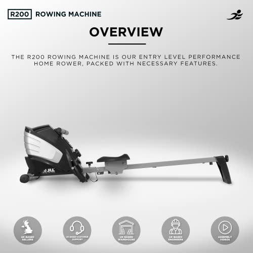 JLL® R200 Luxury Home Rowing Machine, 2022 Model Rowing Machine Fitness Cardio Workout with Adjustable Resistance, Advanced Driving Belt System, 12-Month Warranty, Black and Silver Colour