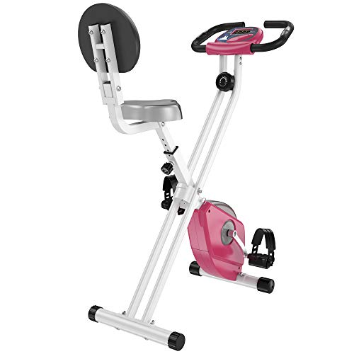 HOMCOM Magnetic Resistance Exercise Bike Foldable w/LCD Monitor Adjustable Seat Heart Rate Monitors Food Straps Foot Pads Home Office Fitness Training Workout - Pink
