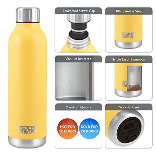 Polar Gear Insulated Water Bottle – Hydra Flow Triple Layer Stainless Steel & Copper Walled Vacuum Flask – Keep Drinks Hot for 12 Hours & Cold for 24 Hours – For Work, Travelling & Gym – Yellow, 500ml