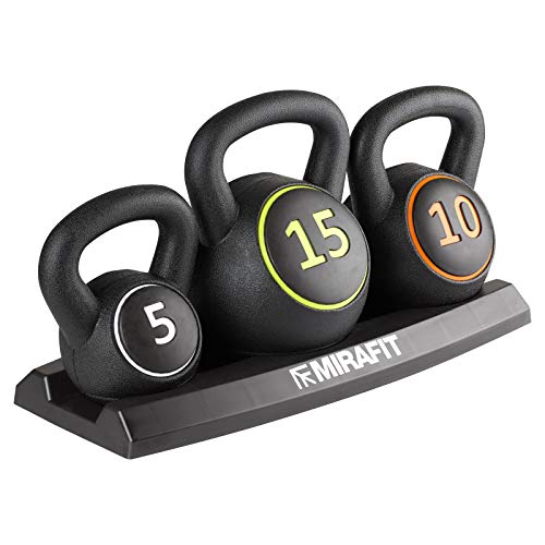 Mirafit 3pce Kettlebell Weight Set with Stand - 5, 10 and 15lbs (2.2kg, 4.5kg and 6.8 kg)