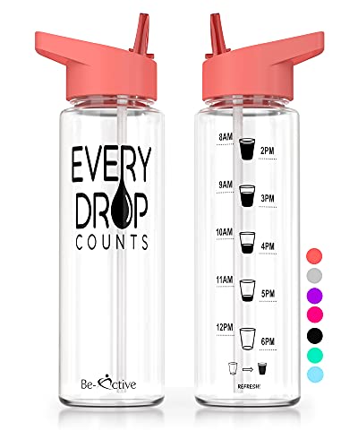 Be-Active Motivational Water Bottle with Straw – With Time Markings - Times to Drink – Tracker - BPA Free (Coral)