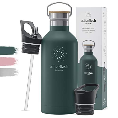 Stainless Steel Water Bottle + Straw (3 Lids) - Leak-Proof & BPA-free | Vacuum Insulated ACTIVE FLASK Drinking Bottles - 24h Cold / 12h Hot, 1l/500ml Outdoor Thermos Mug, Tea Coffee, Sport Camping Gym