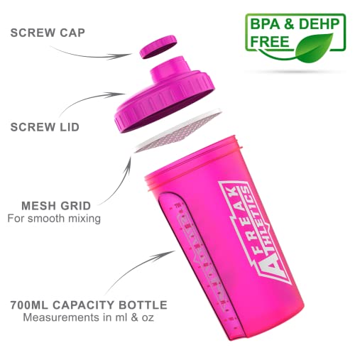 Protein Shaker Bottle 700ml Premium BPA Free shaker Bottle by Freak Athletics (Pink Transparent / Pink Lid)