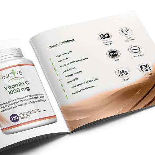 Vitamin C 1000mg | 180 Premium Tablets (6 Month’s Supply) | High Dose Quality Ascorbic Acid | Suitable for Vegetarian & Vegans| Made in The UK by Incite Nutrition®